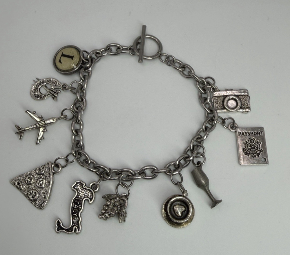 Travel Souvenir Charm Bracelet Silver Tone Italy Pizza Passport Wine Camera Art